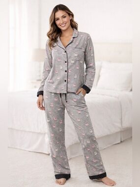 Munki Munki 2 Pc Pajamas Soft Flannel Pink Owls Sz L Bamboo Cotton Snap Cuffs